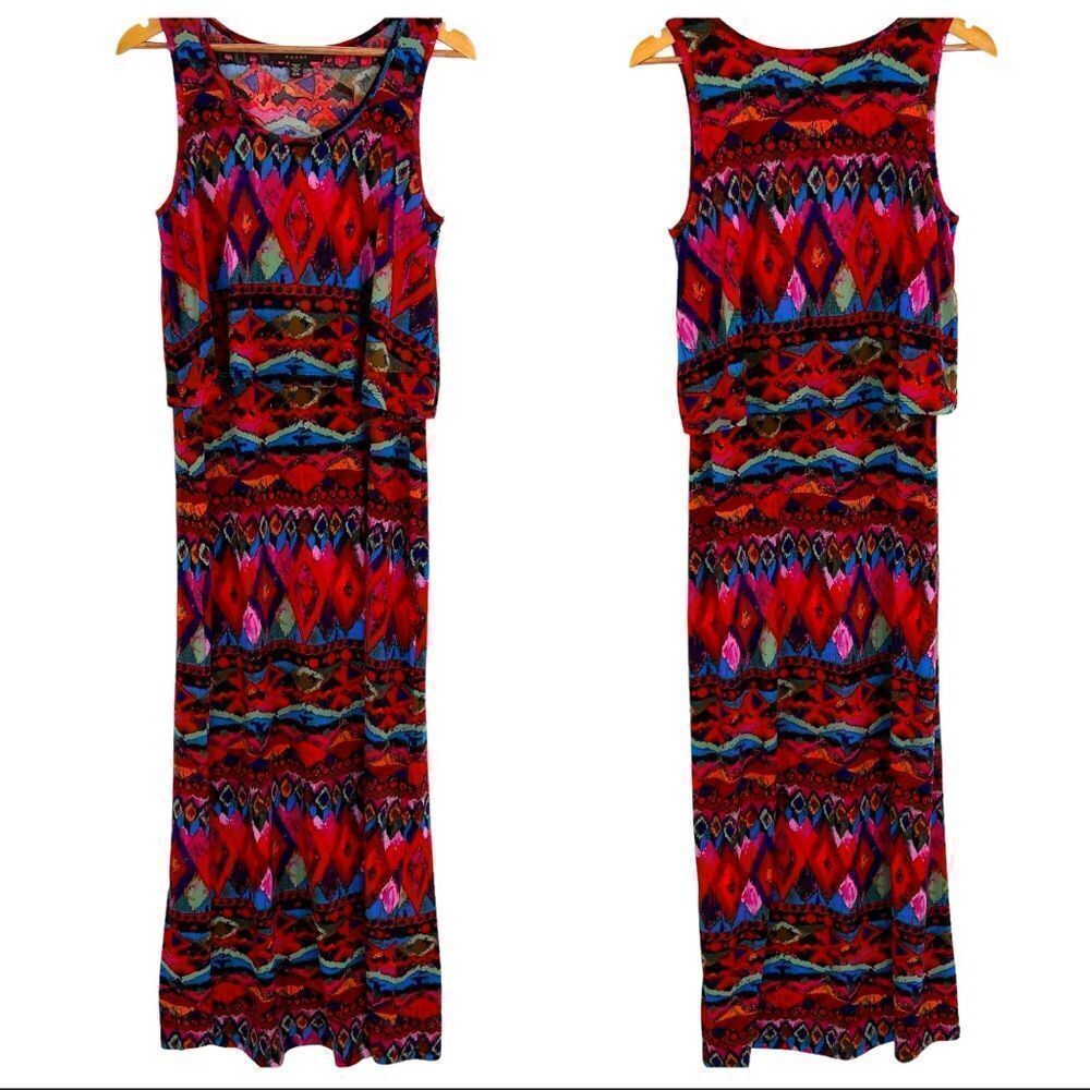 Fever red multi color tiered maxi dress boho style size medium
